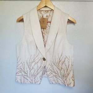Coldwater Creek Linen Blend Embroidered Vest Womens Size 10 Shawl Collar Granola